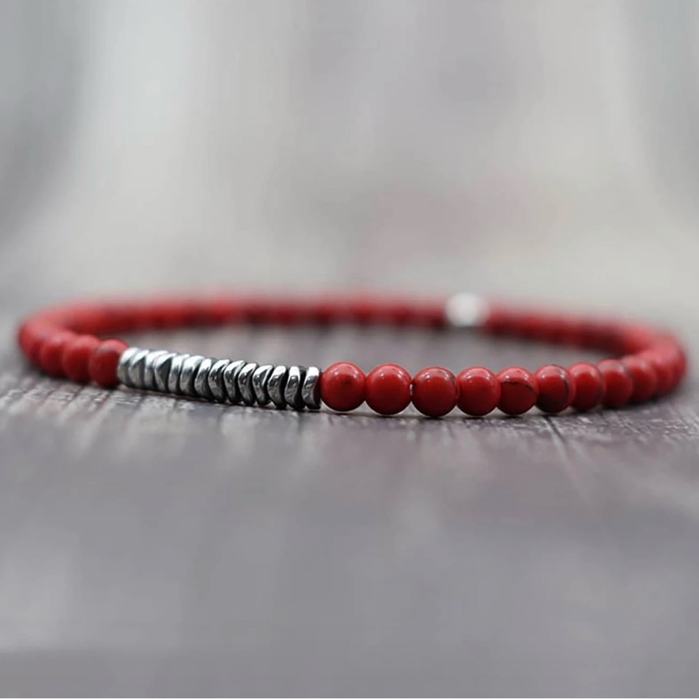 Red Beaded Stretch Bracelet with Silver Accents - unisex